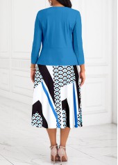 Rotita zweiteiliges blaues Kleid mit geometrischem Print und V-Ausschnitt