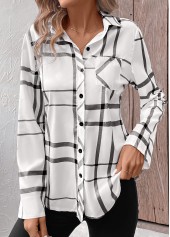 White tops,Dark Grey tops,Geometric tops,Striped tops,Plaid tops,ROTITA Pocket Geometric Print White Shirt Collar Long Sleeve Blouse