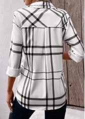 White tops,Dark Grey tops,Geometric tops,Striped tops,Plaid tops,ROTITA Pocket Geometric Print White Shirt Collar Long Sleeve Blouse