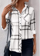 White tops,Dark Grey tops,Geometric tops,Striped tops,Plaid tops,ROTITA Pocket Geometric Print White Shirt Collar Long Sleeve Blouse
