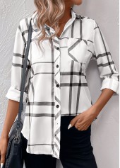 White tops,Dark Grey tops,Geometric tops,Striped tops,Plaid tops,ROTITA Pocket Geometric Print White Shirt Collar Long Sleeve Blouse