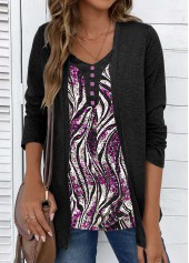 Dark Grey Marl tops,Hot Pink tops,Striped tops,Geometric tops,ROTITA Wave Pattern Print Scoop Neck Fake Two Piece Twinset