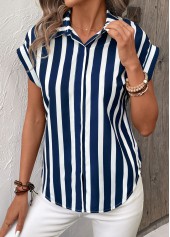 Navy tops,White tops,Striped tops,Geometric tops,Button Striped Navy Shirt Collar Short Sleeve Blouse