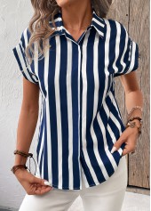 Navy tops,White tops,Striped tops,Geometric tops,Button Striped Navy Shirt Collar Short Sleeve Blouse