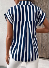 Navy tops,White tops,Striped tops,Geometric tops,Button Striped Navy Shirt Collar Short Sleeve Blouse