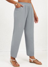 Grey bottoms,Plain Color bottoms,Pocket Regular Elastic Waist High Waisted Grey Pants