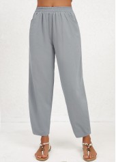 Grey bottoms,Plain Color bottoms,Pocket Regular Elastic Waist High Waisted Grey Pants