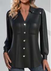 Rotita-Langarmbluse aus schwarzem Kunstleder mit Hemdkragen