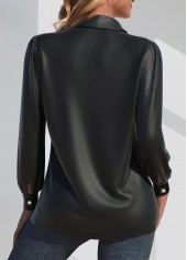 Black tops,Plain Color tops,ROTITA Faux Leather Black Shirt Collar Long Sleeve Blouse
