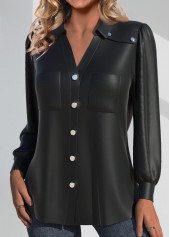 Black tops,Plain Color tops,ROTITA Faux Leather Black Shirt Collar Long Sleeve Blouse
