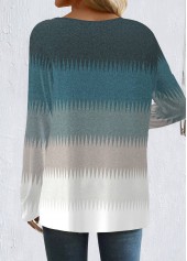 Peacock Blue tops,Grey tops,Striped tops,Geometric tops,ROTITA Patchwork Striped Peacock Blue Round Neck T Shirt