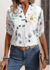White tops,Floral tops,Plants tops,Floral Print White Split Neck Short Sleeve Blouse