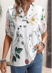 White tops,Floral tops,Plants tops,Floral Print White Split Neck Short Sleeve Blouse