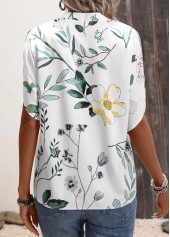 White tops,Floral tops,Plants tops,Floral Print White Split Neck Short Sleeve Blouse