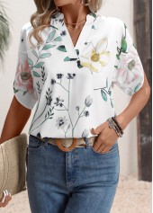White tops,Floral tops,Plants tops,Floral Print White Split Neck Short Sleeve Blouse