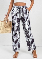 Double Side Pockets Feathers Print White Elastic Waist Pants