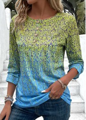 Button Ombre Blue Round Neck 3/4 Sleeve T Shirt