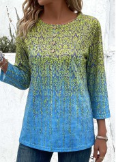 Blue tops,Green tops,Ombre tops,Plants tops,Tribal tops,Button Ombre Blue Round Neck 3/4 Sleeve T Shirt
