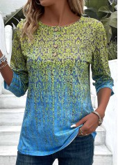 Blue tops,Green tops,Ombre tops,Plants tops,Tribal tops,Button Ombre Blue Round Neck 3/4 Sleeve T Shirt