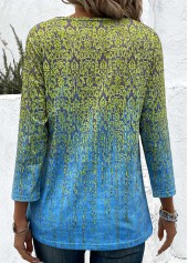 Blue tops,Green tops,Ombre tops,Plants tops,Tribal tops,Button Ombre Blue Round Neck 3/4 Sleeve T Shirt