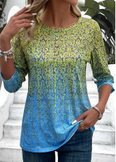 Blue tops,Green tops,Ombre tops,Plants tops,Tribal tops,Button Ombre Blue Round Neck 3/4 Sleeve T Shirt