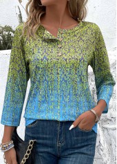 Blue tops,Green tops,Ombre tops,Plants tops,Tribal tops,Button Ombre Blue Round Neck 3/4 Sleeve T Shirt