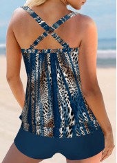 Peacock Blue swimwear,Leopard swimwear,Animal Print swimwear,Striped swimwear,ROTITA Patchwork Peacock Blue Leopard Mid Waisted Tankini Set