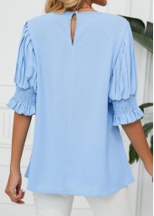 Light Blue tops,Plain Color tops,Smocked Light Blue Round Neck Half Sleeve Blouse