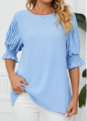 Smocked Light Blue Round Neck Half Sleeve Blouse