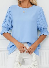Light Blue tops,Plain Color tops,Smocked Light Blue Round Neck Half Sleeve Blouse