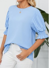 Light Blue tops,Plain Color tops,Smocked Light Blue Round Neck Half Sleeve Blouse
