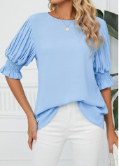 Light Blue tops,Plain Color tops,Smocked Light Blue Round Neck Half Sleeve Blouse