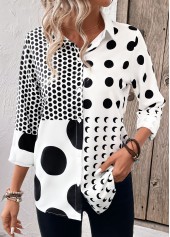 White tops,Black tops,Dot tops,Button Polka Dot White Shirt Collar Long Sleeve Blouse