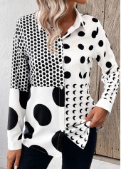White tops,Black tops,Dot tops,Button Polka Dot White Shirt Collar Long Sleeve Blouse
