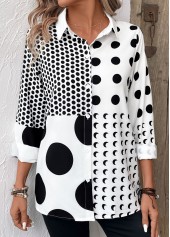 White tops,Black tops,Dot tops,Button Polka Dot White Shirt Collar Long Sleeve Blouse