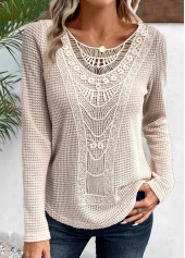 ROTITA Plus Size Lace Beige Round Neck T Shirt