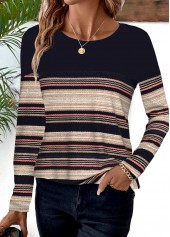 Black tops,Striped tops,Geometric tops,ROTITA Striped Black Round Neck Long Sleeve T Shirt