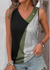 Olive Green tops,Geometric tops,Contrast Color tops,ROTITA Button Geometric Print Black V Neck Sleeveless Tank Top