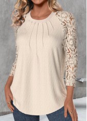 Skin Color tops,Plain Color tops,ROTITA Lace Skin Color Round Neck Long Sleeve T Shirt