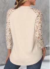 Skin Color tops,Plain Color tops,ROTITA Lace Skin Color Round Neck Long Sleeve T Shirt