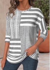Light Grey Marl tops,White tops,Striped tops,Geometric tops,ROTITA Striped Light Grey Marl Round Neck T Shirt