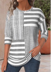 t-shirt col rond gris clair chiné rayé rotita