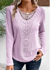 Light Purple tops,Plain Color tops,ROTITA Lace Light Purple Round Neck Long Sleeve T Shirt