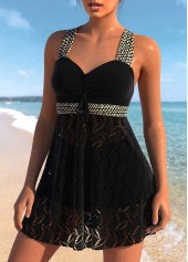 Black swimwear,Contrast Color swimwear,ROTITA Lace Criss Cross Design Black Swimdress Top