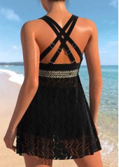 Black swimwear,Contrast Color swimwear,ROTITA Lace Criss Cross Design Black Swimdress Top