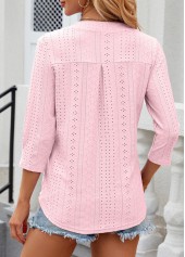 Light Pink tops,Plain Color tops,Button Light Pink Split Neck 3/4 Sleeve T Shirt