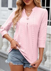 Light Pink tops,Plain Color tops,Button Light Pink Split Neck 3/4 Sleeve T Shirt
