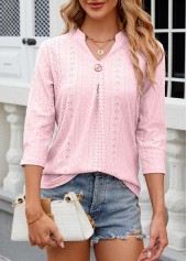 Light Pink tops,Plain Color tops,Button Light Pink Split Neck 3/4 Sleeve T Shirt