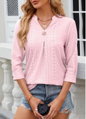 Light Pink tops,Plain Color tops,Button Light Pink Split Neck 3/4 Sleeve T Shirt