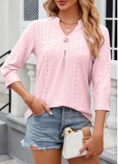 Light Pink tops,Plain Color tops,Button Light Pink Split Neck 3/4 Sleeve T Shirt